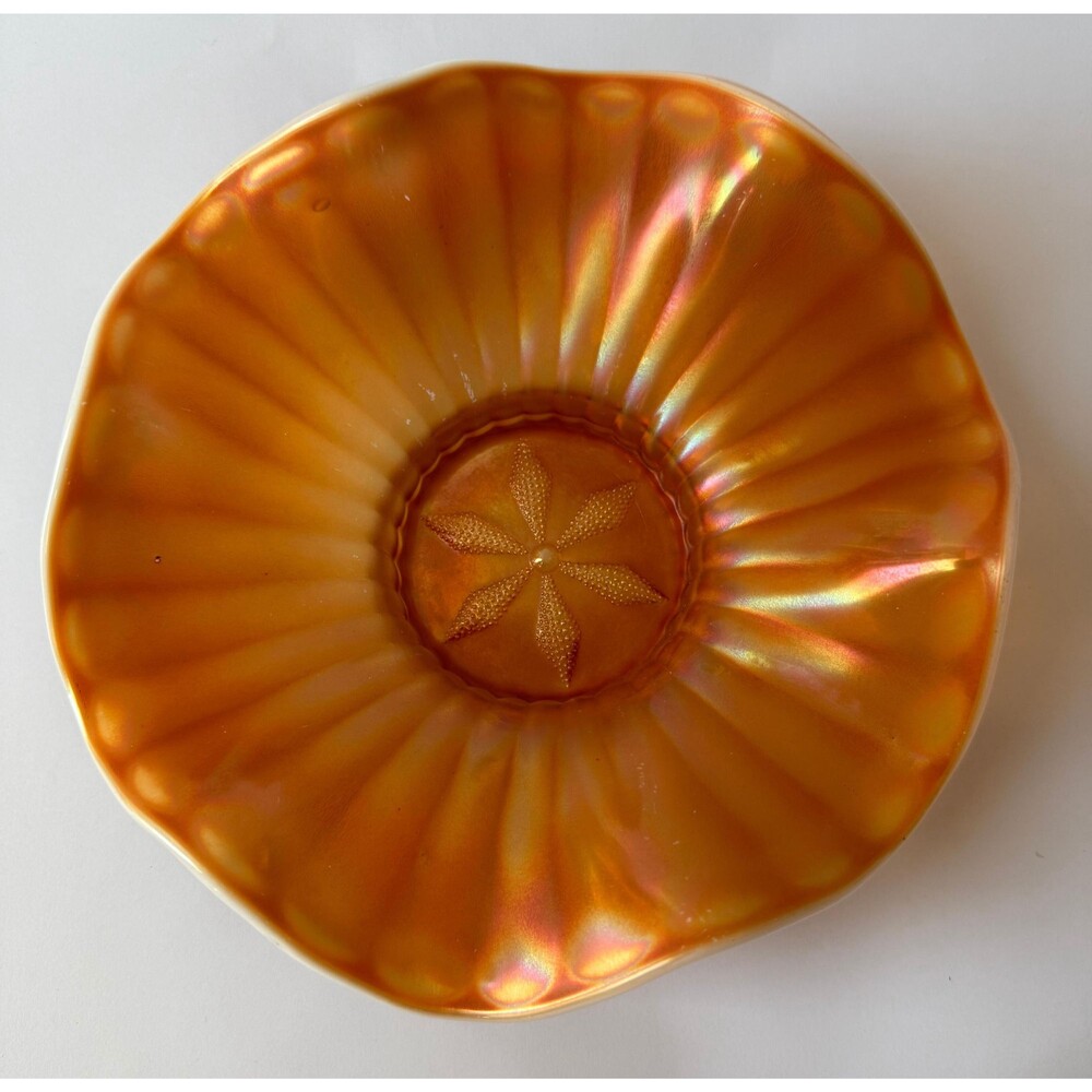 Antique Dugan Stippled Flower Peach Opal‎ Carnival Glass Ruffled Bowl